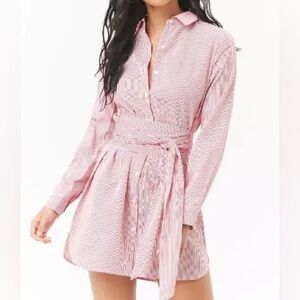 Striped Poplin Self-Tie Shirt Dress